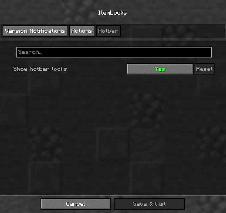 Screenshot showing the hotbar settings of the mod